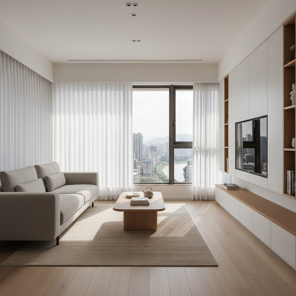 A contemporary residential living room designed by 晴境設計工程, featuring a low-profile light gray fabric sofa with clean lines, a natural oak coffee table with rounded edges, and a textured wool rug in soft beige tones. Full-height windows overlook a subtle hint of New Taipei City’s 永和區 urban skyline, slightly blurred in the background. Soft afternoon daylight filters through sheer white curtains, creating gentle shadows across the wood flooring. Built-in white cabinetry with warm wood accents frames a minimalist TV wall. Shot at eye level with photographic realism and sharp focus throughout, the composition uses the rule of thirds to emphasize spaciousness and calm. The mood is warm, professional, and inviting, conveying a sense of refined residential interior design.