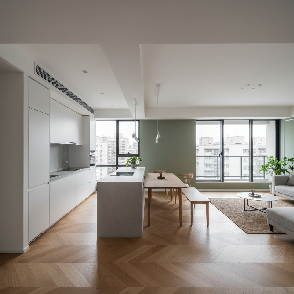 A modern open-plan apartment in 永和區, New Taipei City, showcasing a seamless integration of living, dining, and kitchen areas by 晴境設計工程. The space features matte white cabinetry, a slim island with light gray stone countertop, and herringbone oak flooring. A soft moss-green accent wall anchors the dining table, which is a sleek light-wood slab with minimalist chairs. Large sliding windows bring in diffused overcast city light, softly illuminating the room and revealing distant, abstracted apartment blocks outside. The atmosphere feels airy and organized, with hidden storage and clean ceiling lines. Captured from a slightly elevated corner, the composition highlights depth and flow, using photographic realism and a clean, modern aesthetic tailored for showcasing practical, elegant residential interior design.