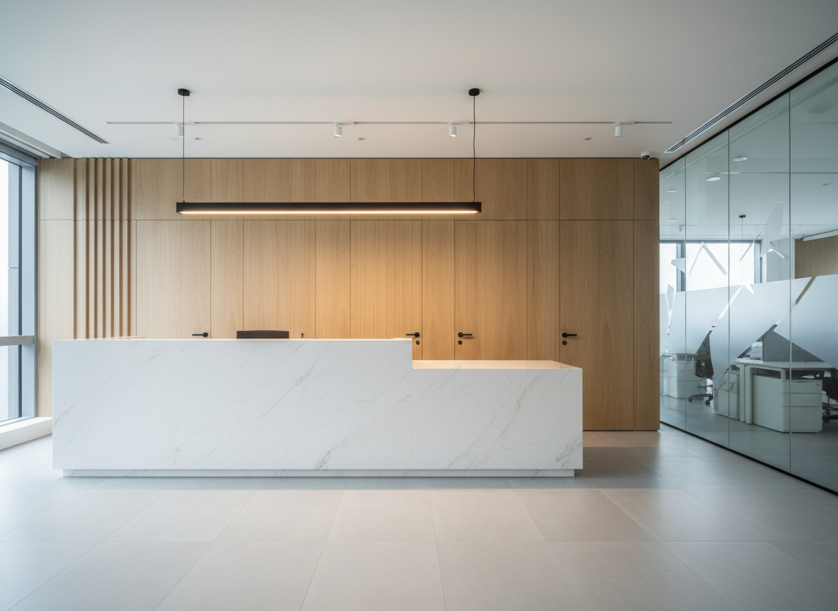A high-end commercial office reception area by 晴境設計工程, featuring a monolithic white stone reception desk with a subtle veining pattern, set against a wall of vertical light oak slats that conceal hidden doors and storage. The floor is a seamless light gray large-format tile, reflecting delicate highlights from recessed ceiling lights and a linear pendant above the desk. A frosted glass partition subtly reveals an abstracted view of workstations beyond, keeping all surfaces uncluttered and text-free. Cool daylight filters in from a side window, blending with warm artificial lighting to create a balanced, professional atmosphere. Captured from a wide-angle, slightly lowered perspective, the photographic composition emphasizes symmetry, depth, and the refined commercial interior design language.