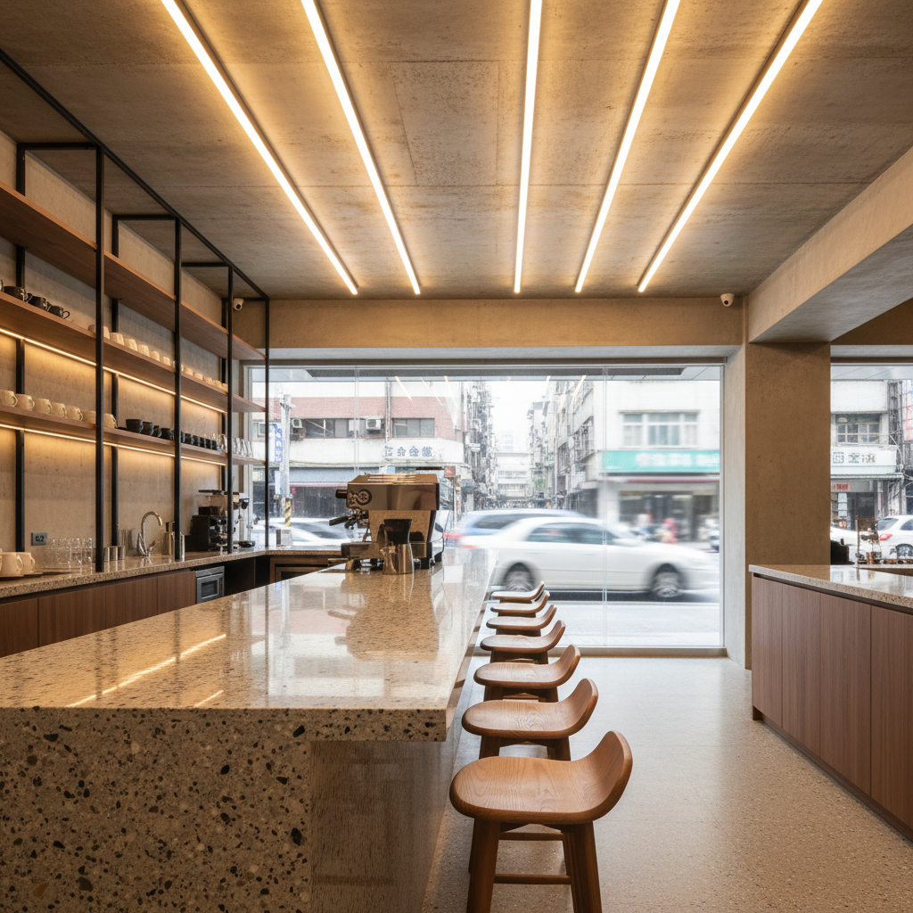 A stylish commercial café interior in 永和區 designed by 晴境設計工程, focusing on a long, polished terrazzo counter with subtle gray and beige speckles, fronted by neatly aligned wooden stools with curved backs. Behind the counter, custom shelving in matte black metal and warm walnut displays neatly arranged cups and equipment in an orderly, text-free manner. The ceiling reveals exposed concrete softened by linear warm LED strips, casting a cozy glow over the space. Large storefront windows frame a blurred urban street scene, suggesting New Taipei City without clear details. Shot at eye level with a shallow depth of field that keeps the counter in sharp focus, the mood is energetic yet refined, emphasizing functional, professional commercial space design in a photographic, realistic style.