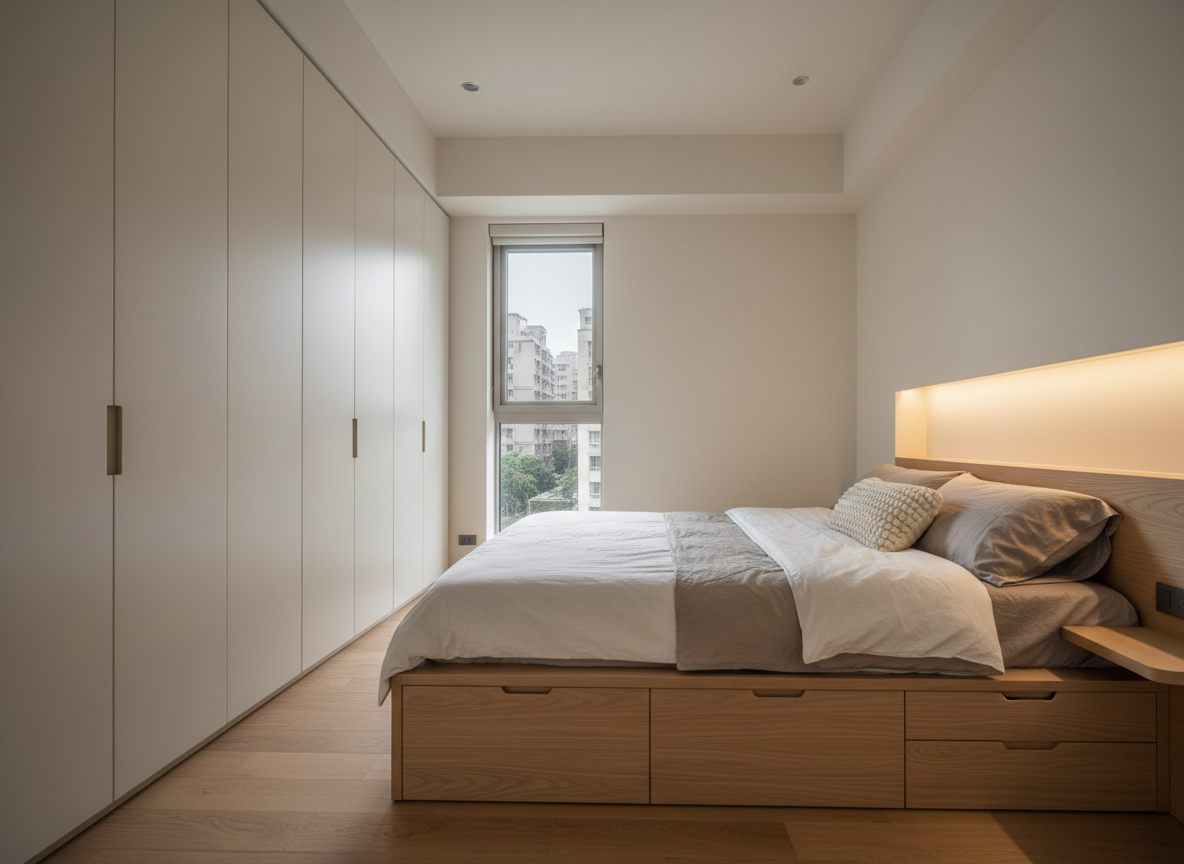 A compact yet thoughtfully designed 永和區 residential bedroom by 晴境設計工程, showcasing a custom-built platform bed in light oak with integrated drawers and a floating bedside ledge. The bedding is layered in soft white and muted taupe linens, with a single textured cushion adding depth. A full-height wardrobe with matte beige doors and discreet groove handles spans one wall, while the opposite wall features a simple niche with indirect LED lighting. A narrow window reveals a softly blurred urban neighborhood outside, with diffused morning light washing the room in a calm glow. Photographic realism captures the space from a slightly elevated corner, highlighting clever storage and spatial efficiency. The mood is serene, functional, and tailored to modern city living in New Taipei City.